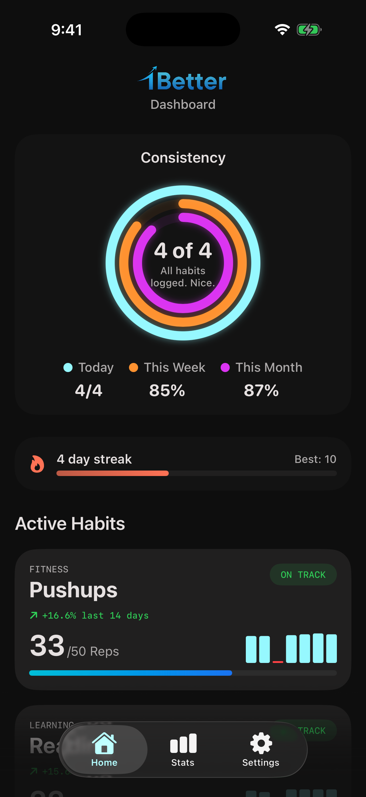 1Better Dashboard showing active goals with progress bars and streak tracking